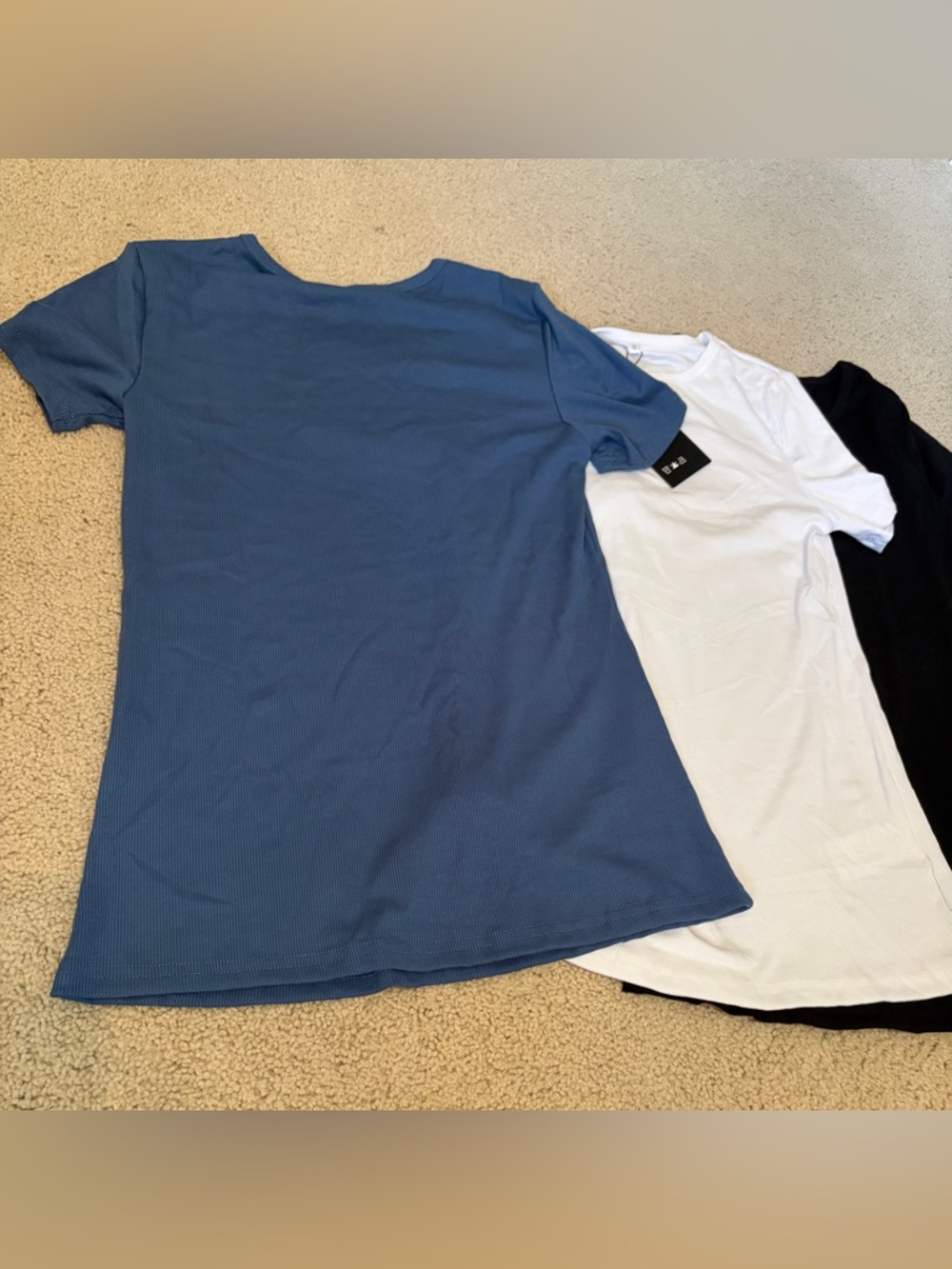 Ribbed Crewneck Short-Sleeve Top in Blue, White & Black SZ Small Stretchy - Picture 3 of 4